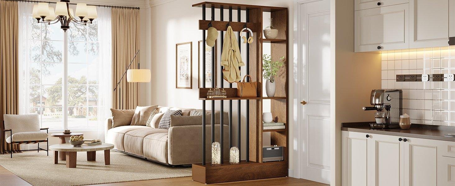 71" Wall Room Divider, Wood Freestanding Wall Partition Bookcase with Coat Hooks