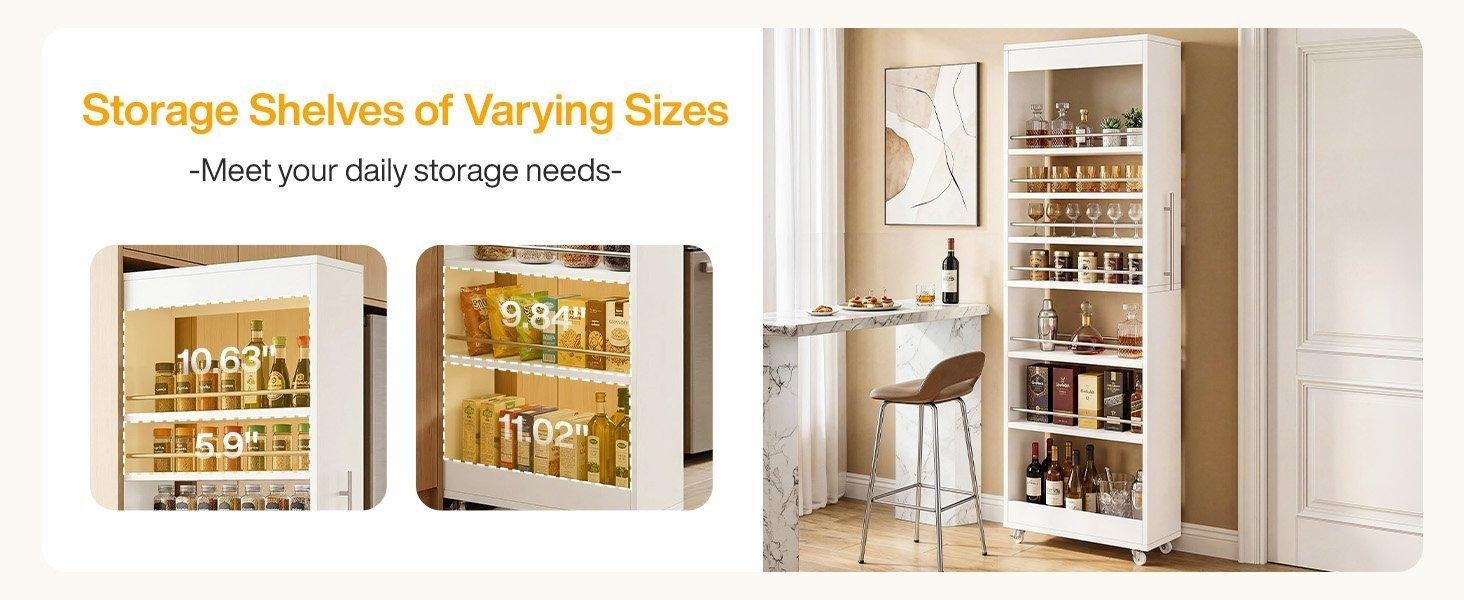 73" Slim Storage Cart on Wheels, 7-Tier Narrow Pantry Rack Cabinet Organizer