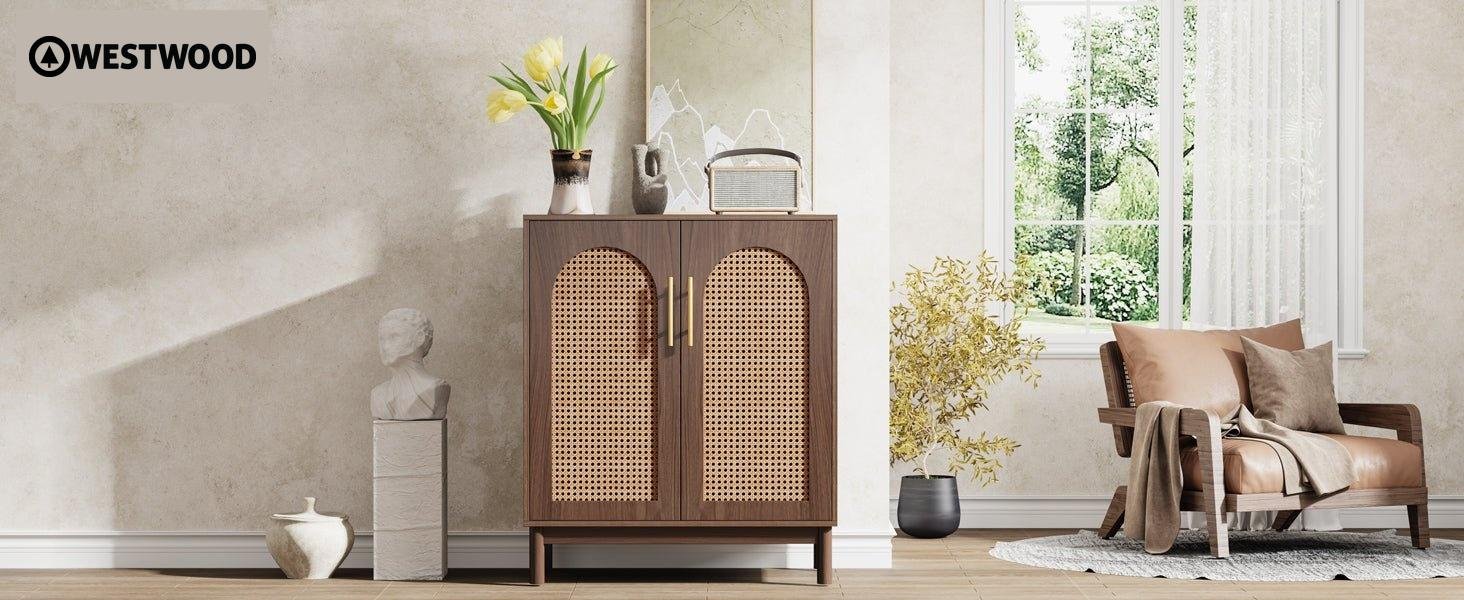 Sideboard Buffet Set of 2, Accent Rattan Storage Cabinet with Doors