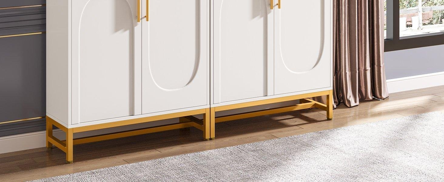 Westwood Sideboard Buffet with Adjustable Shelf, Modern 4 Doors Storage Cabinet with Faux Marble Top Metal Frame Coffee Bar Accent Cabinet for Living Room Kitchen Dining Room Hallway, White Gold