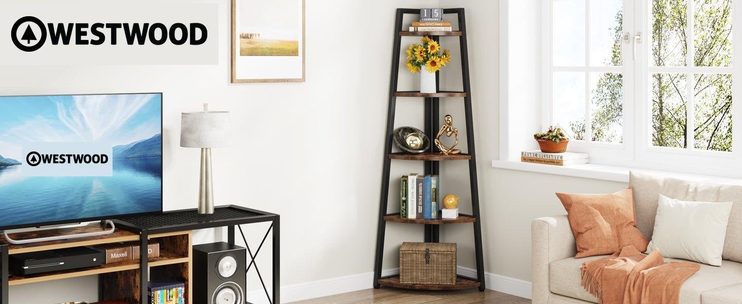 Westwood 5-Shelf Tall Corner Shelves, Large Storage Capacity Yet Space Saving-- The Ideal Corner Stand Shelf For Living Room, Home Office, Kitchen