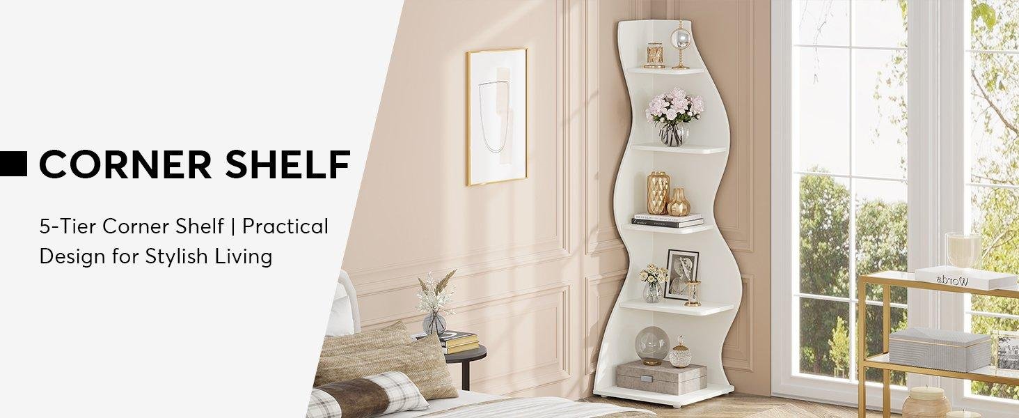 5-Tier Corner Shelf, Modern Wall Corner Bookshelf Bookcase
