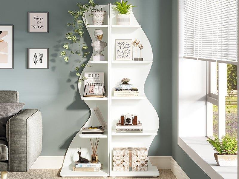 Westwood Streamlined 5-tier corner shelf with seagrass-like design.