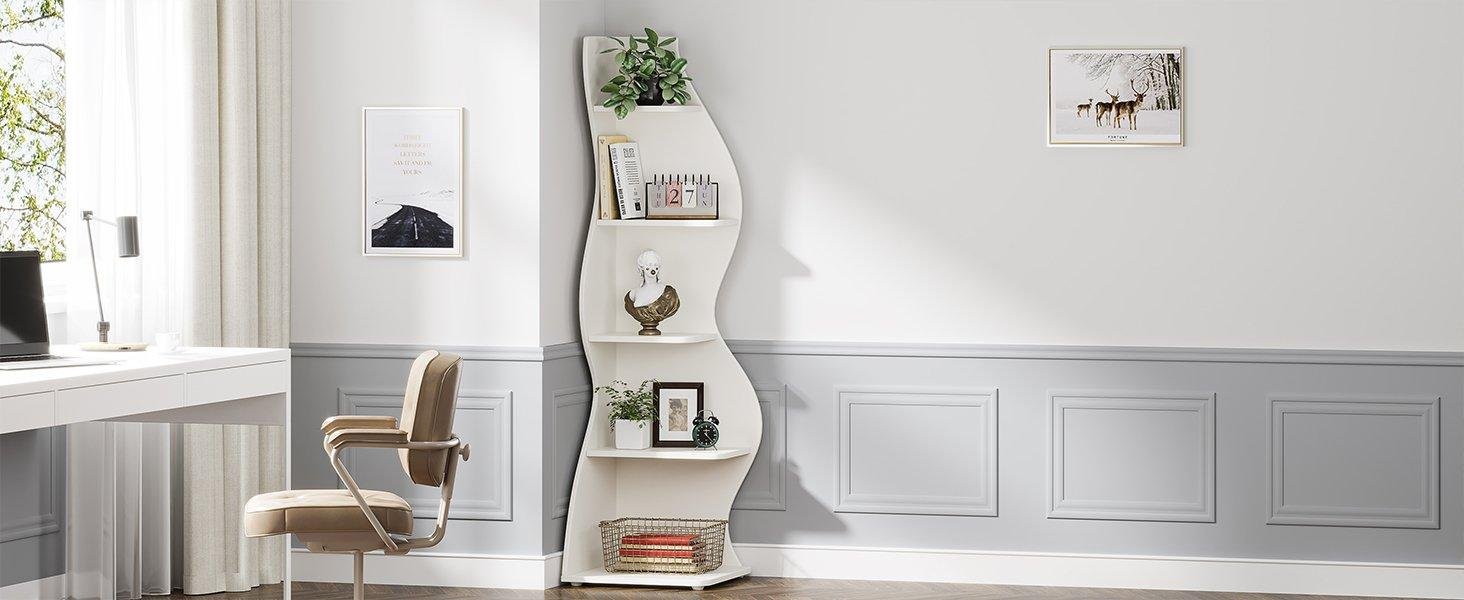 5-Tier Corner Shelf, Modern Wall Corner Bookshelf Bookcase
