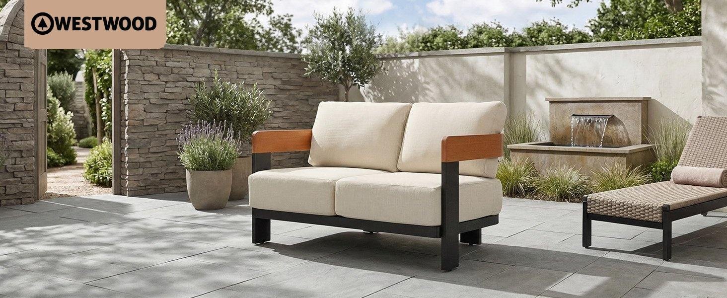 Patio Sofa Loveseat, Outdoor 2-Seater U-Shape Chair with Cushions