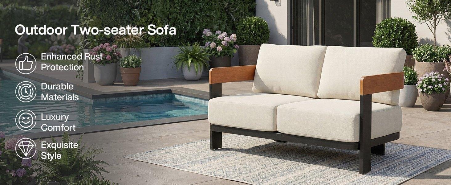 Patio Sofa Loveseat, Outdoor 2-Seater U-Shape Chair with Cushions