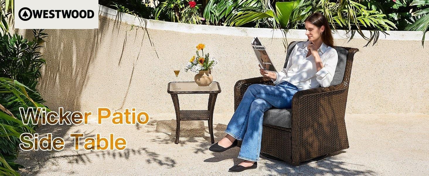 Outdoor Side Table, Rattan Wicker Table with Tempered Glass Top