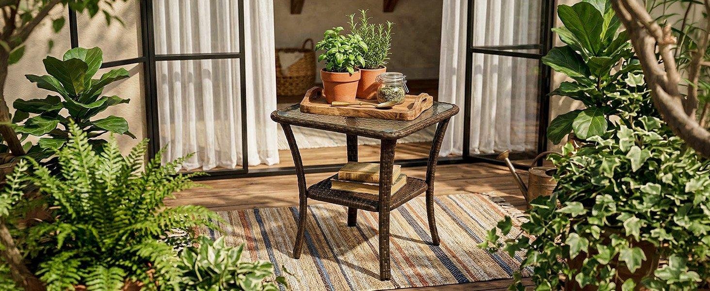 Outdoor Side Table, Rattan Wicker Table with Tempered Glass Top
