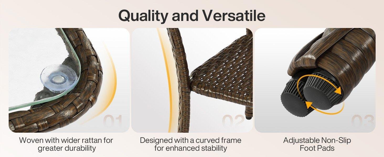Outdoor Side Table, Rattan Wicker Table with Tempered Glass Top