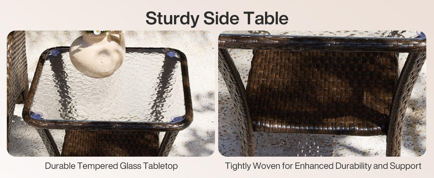 Outdoor Side Table, Rattan Wicker Table with Tempered Glass Top