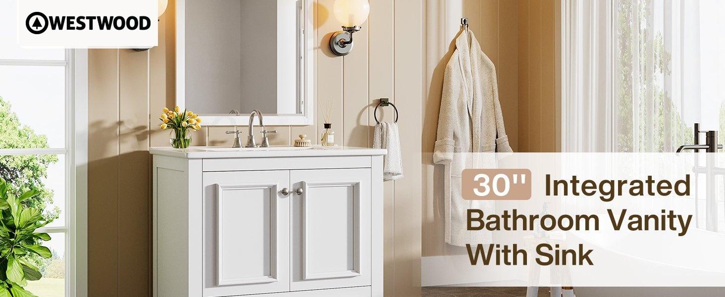 Modern Bathroom Vanity, Vanity Cabinet with Ceramic Basin and 1 Drawer