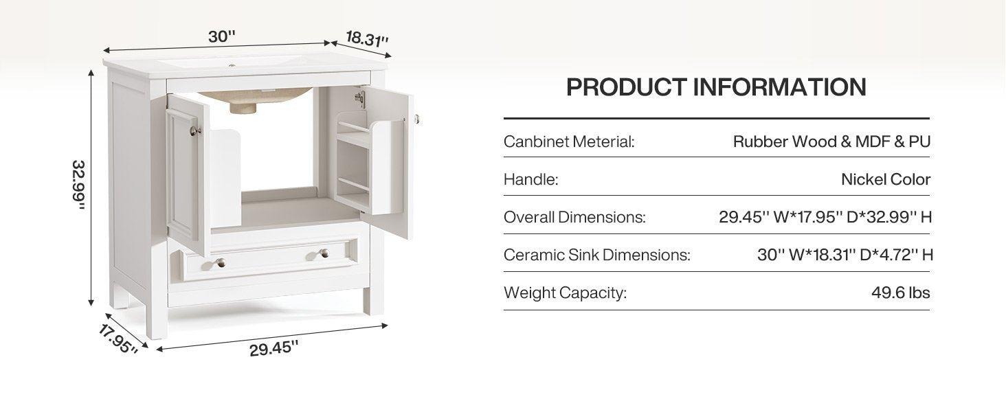 Modern Bathroom Vanity, Vanity Cabinet with Ceramic Basin and 1 Drawer