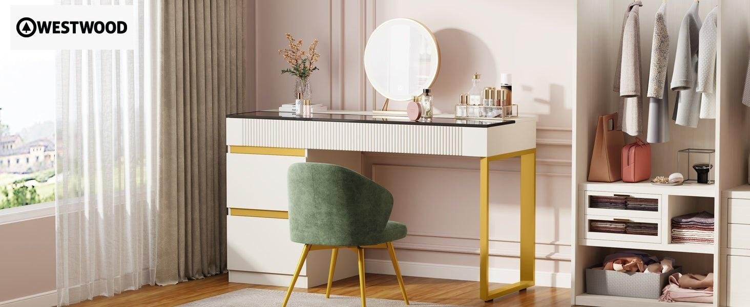 4-Drawer Makeup Vanity, Modern Dressing Table with Glass Desktop(Without Mirror)