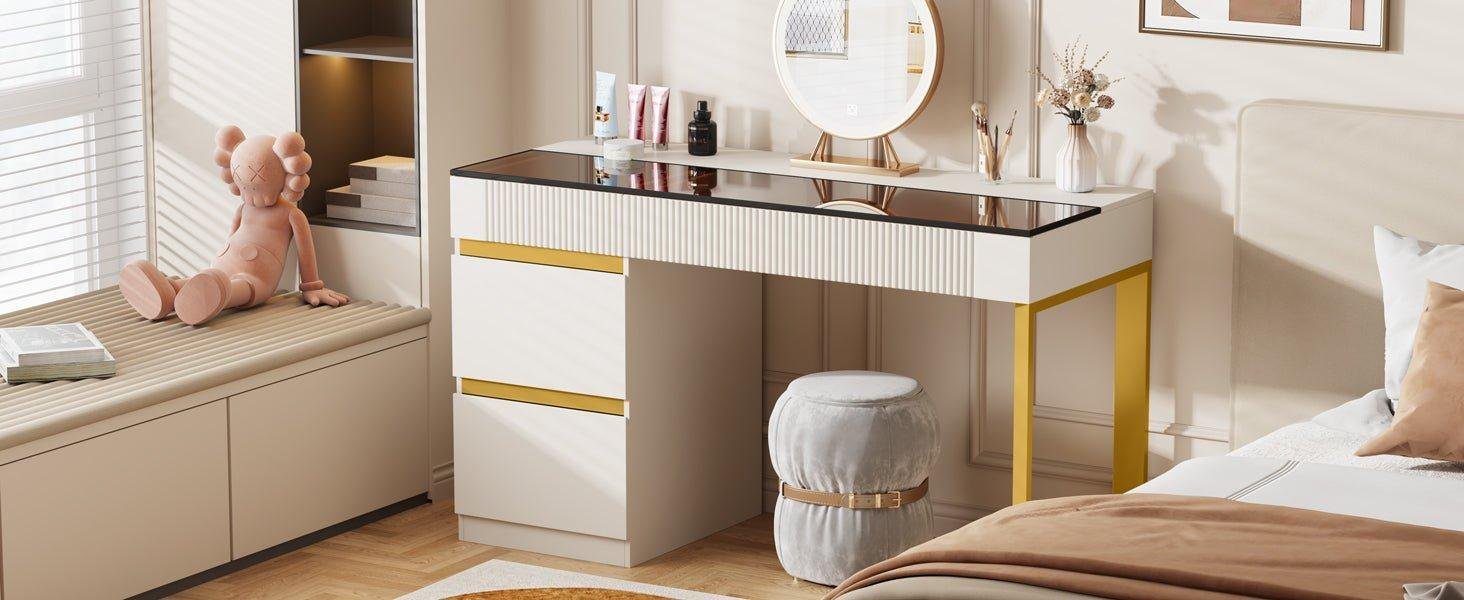 4-Drawer Makeup Vanity, Modern Dressing Table with Glass Desktop(Without Mirror)