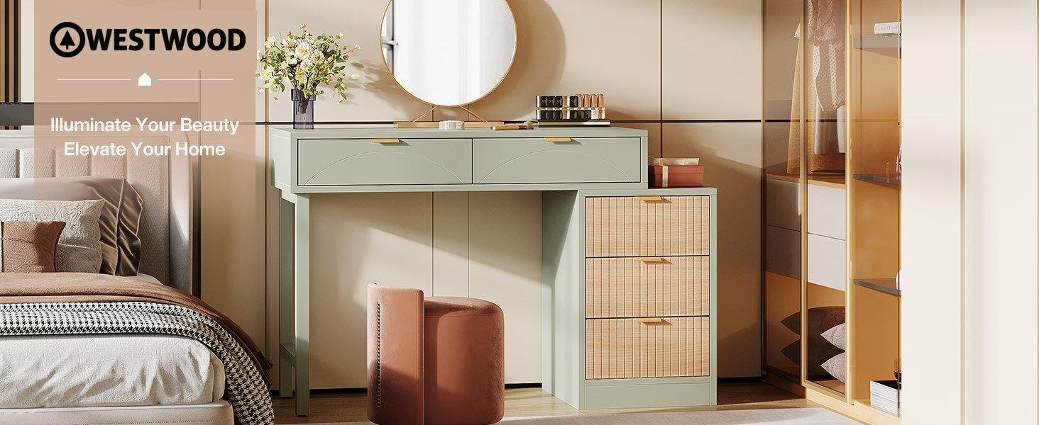 Modern Small Vanity Desk with 5 Storage Drawers for Bedroom, Narrow Space
