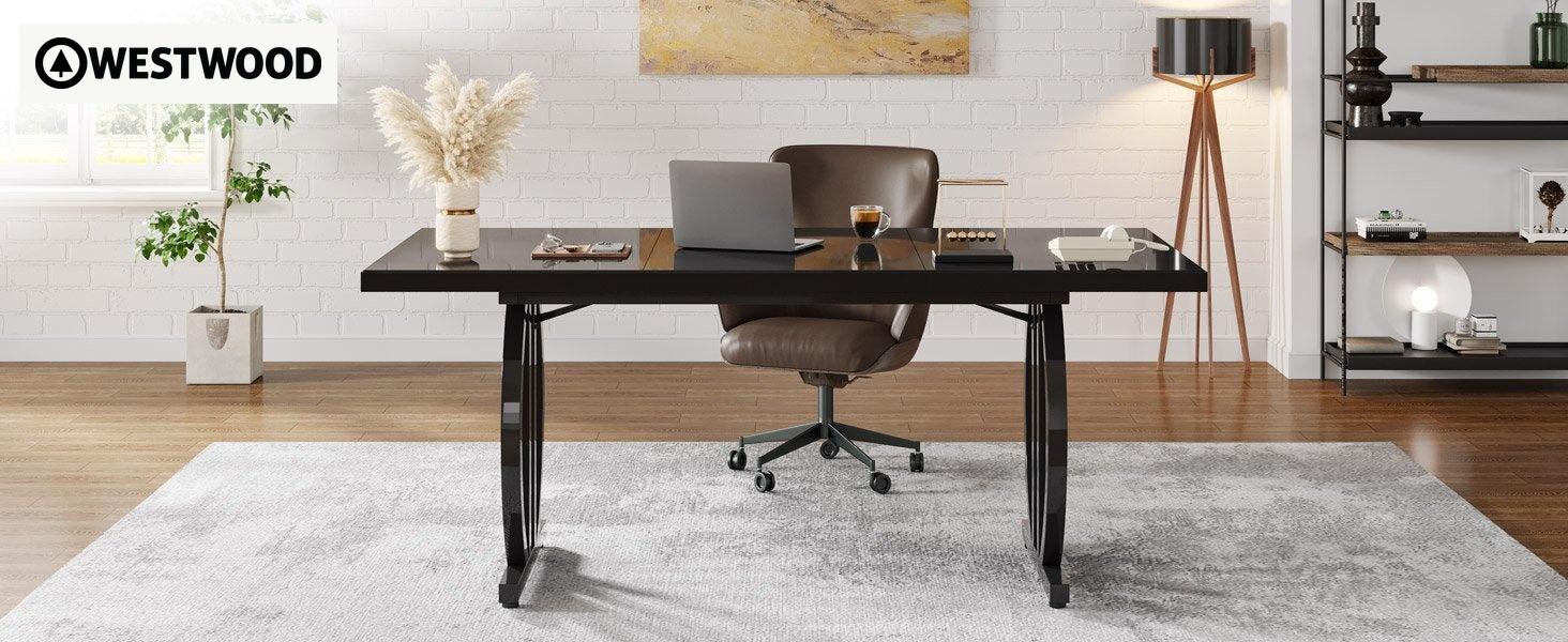 63" Executive Desk, Modern Computer Desk with Metal Geometric Base