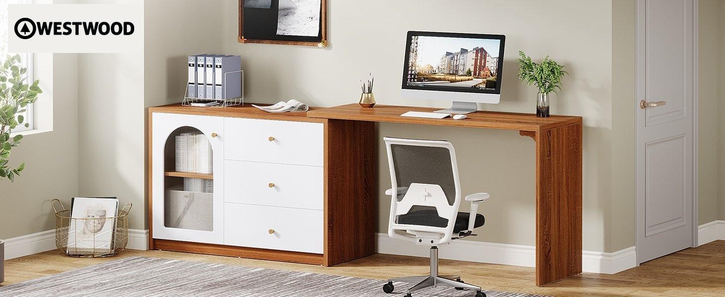 L-Shaped Computer Desk, Corner Office Desk with Reversible Storage Cabinet