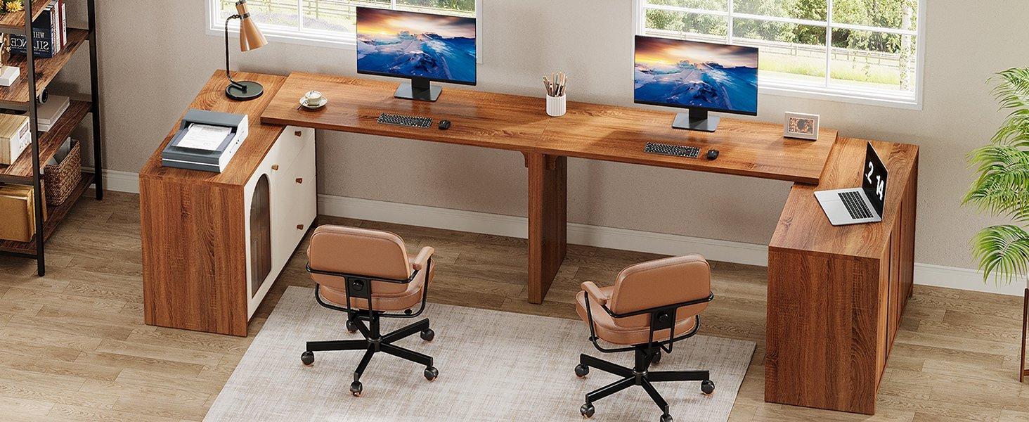 L-Shaped Computer Desk, Corner Office Desk with Reversible Storage Cabinet