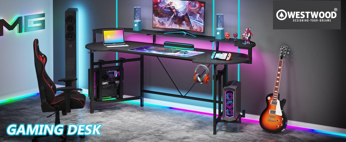 75" Gaming Desk, Black Computer Desk with LED Strip & Monitor Shelf