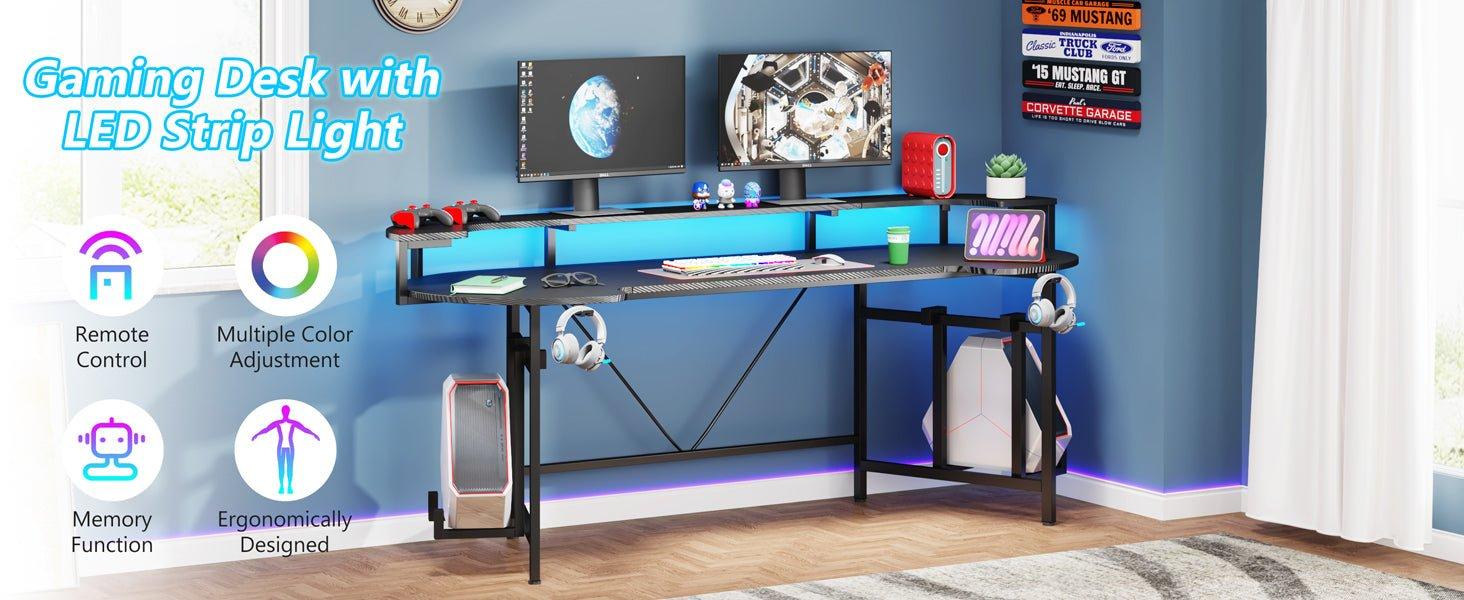 75" Gaming Desk, Black Computer Desk with LED Strip & Monitor Shelf