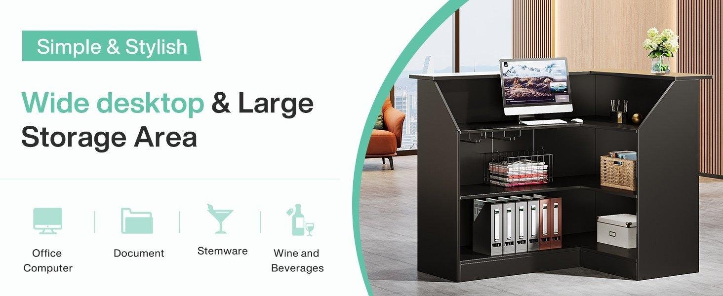 L-Shaped Reception Desk with Storage Shelves, Modern Front Desk for Small Office or Salon
