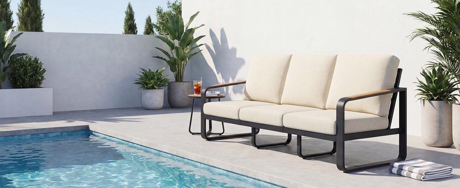 78.7" Wide Outdoor Bench, 3-Person Patio Sofa with Removable Cushions