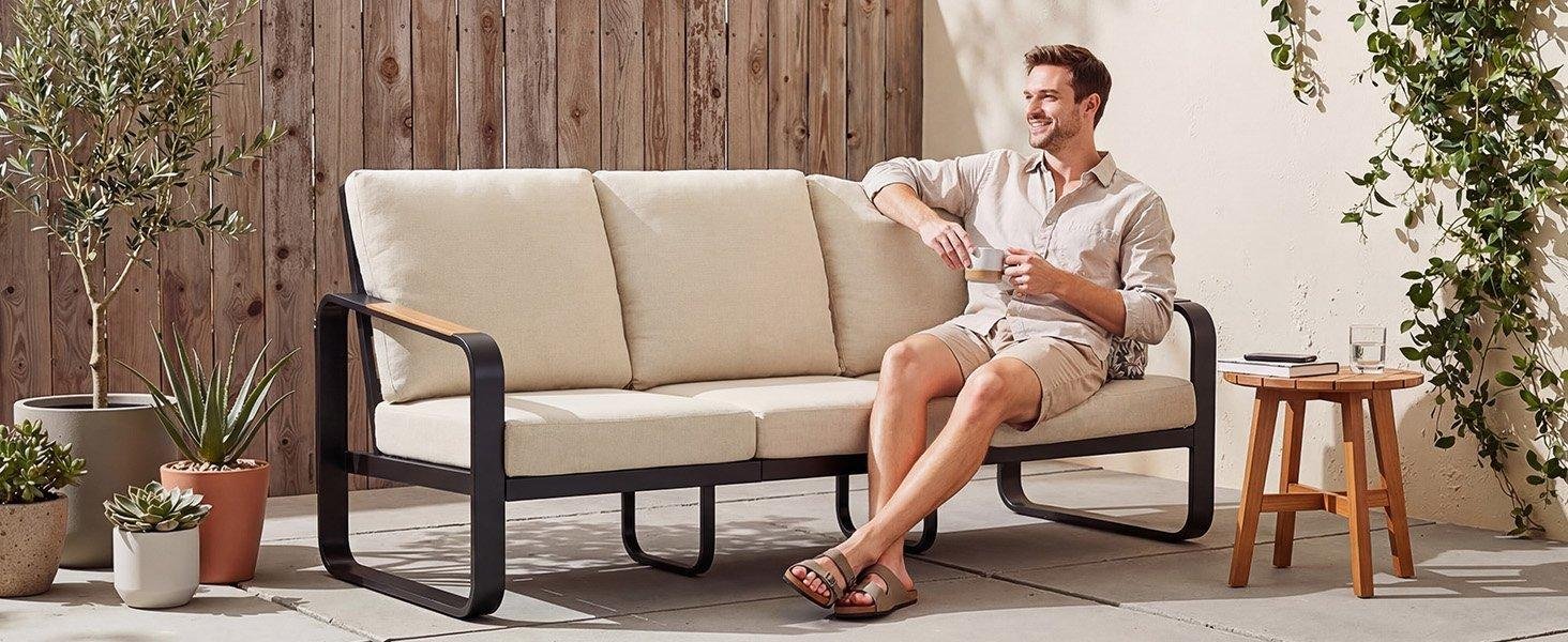 78.7" Wide Outdoor Bench, 3-Person Patio Sofa with Removable Cushions