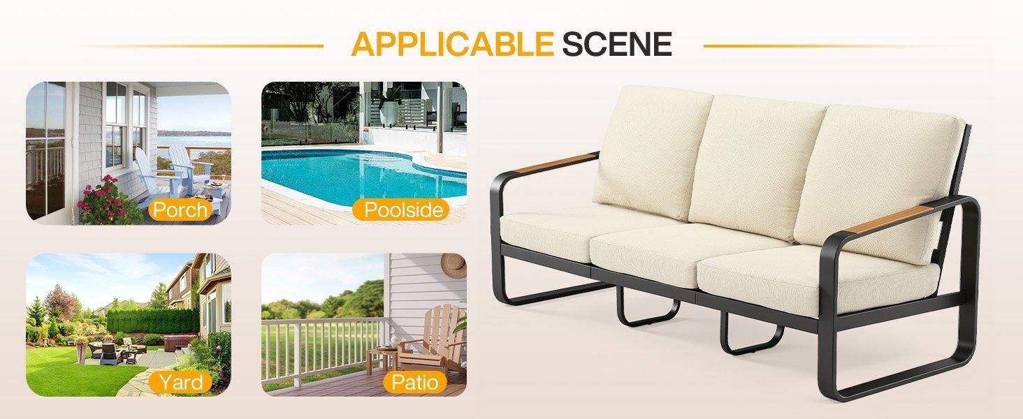 78.7" Wide Outdoor Bench, 3-Person Patio Sofa with Removable Cushions