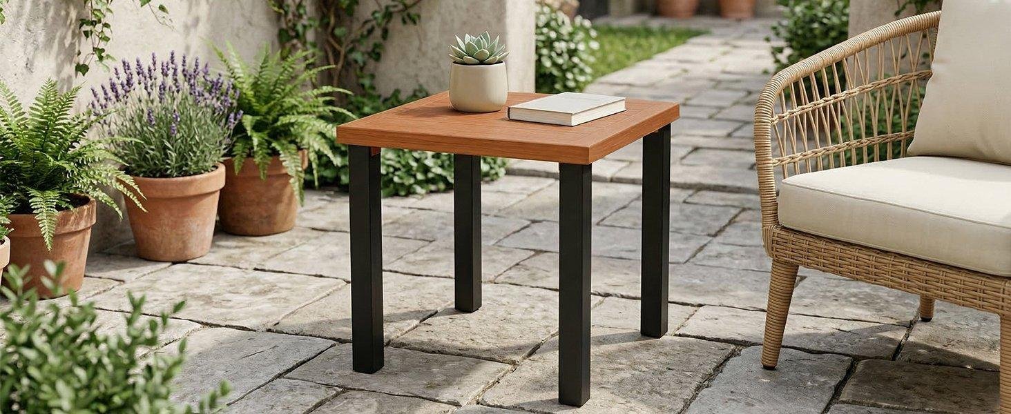 Square Outdoor Side Table, Weather Resistant Patio End Table with Metal Legs