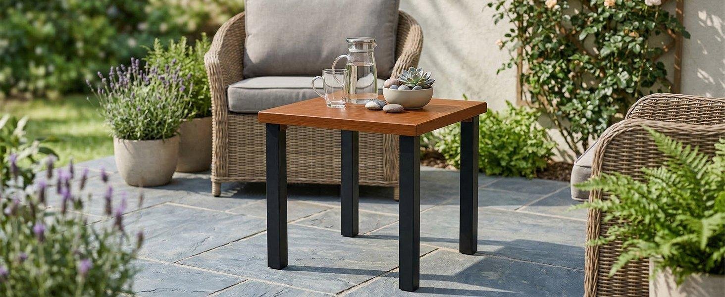 Square Outdoor Side Table, Weather Resistant Patio End Table with Metal Legs