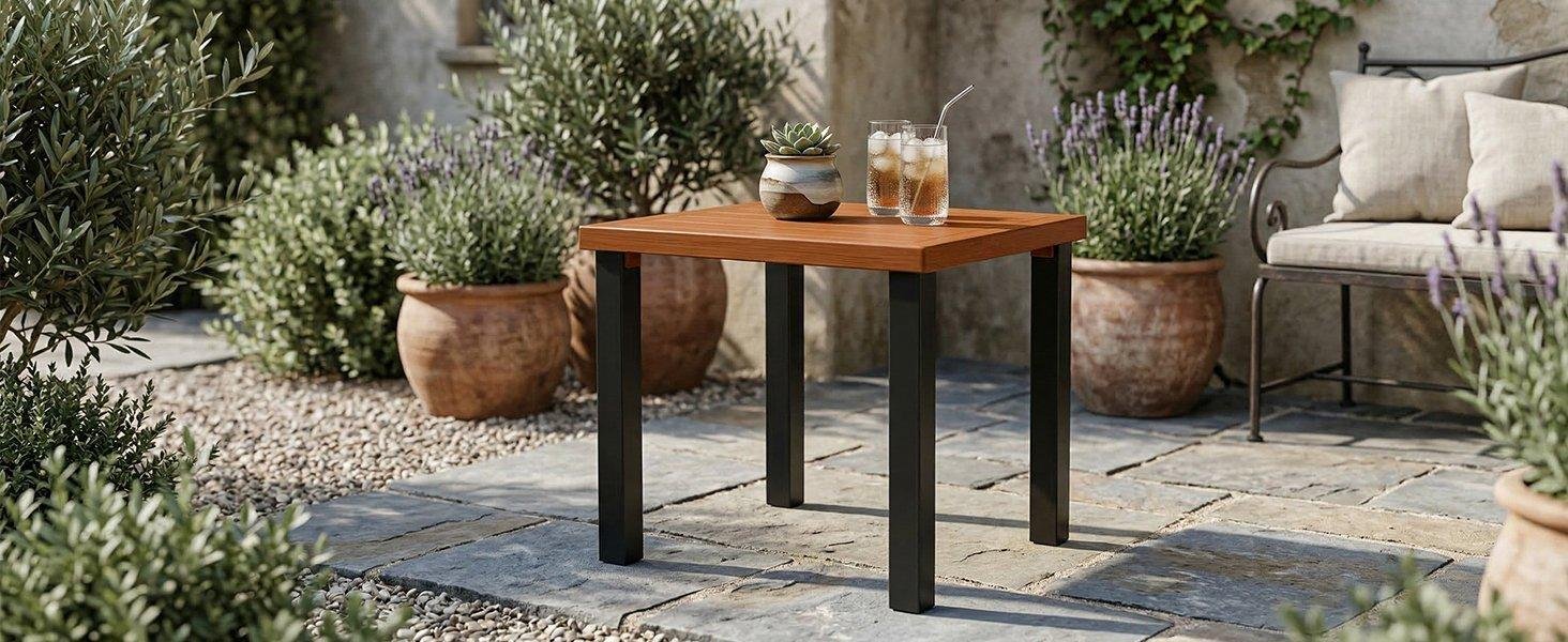 Square Outdoor Side Table, Weather Resistant Patio End Table with Metal Legs