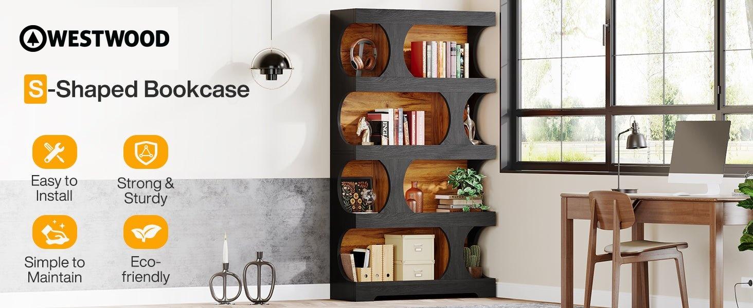 71" Bookshelf, 4-Tier S-Shaped Bookcase Freestanding Display Shelves