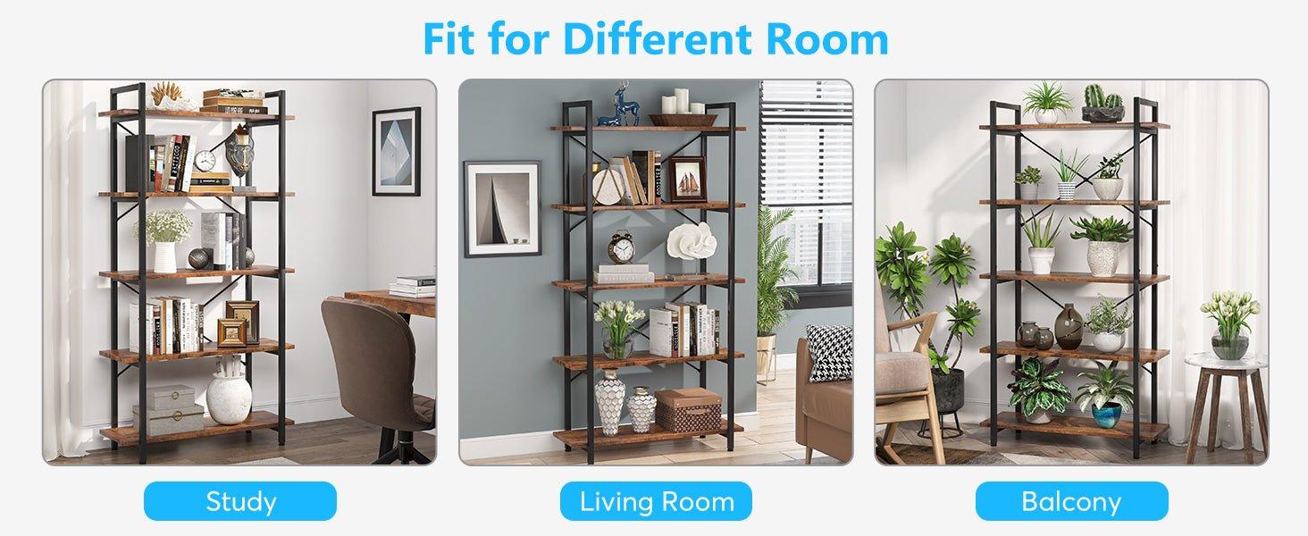 5-Tier Bookshelf, Industrial Etagere Brown Bookcase Display Shelf Unit