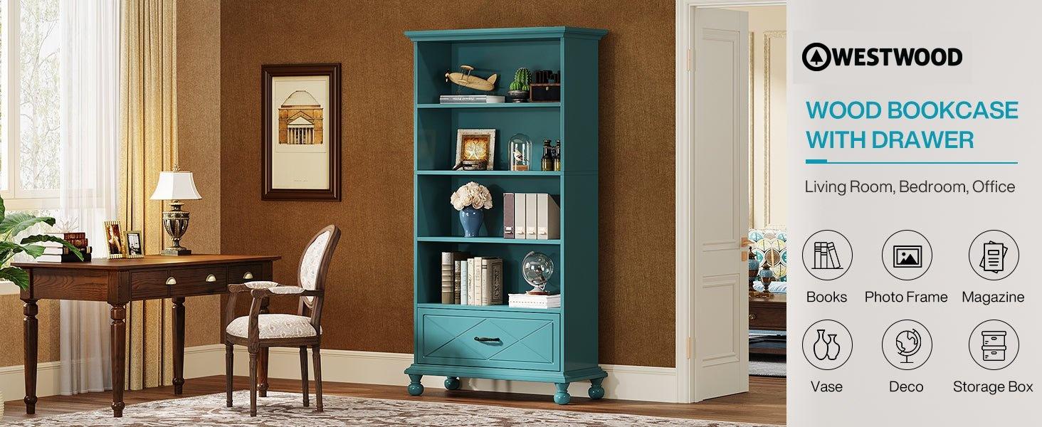 5-Shelf Bookcase with Drawer, 71" Bookshelf with Solid Wood Legs