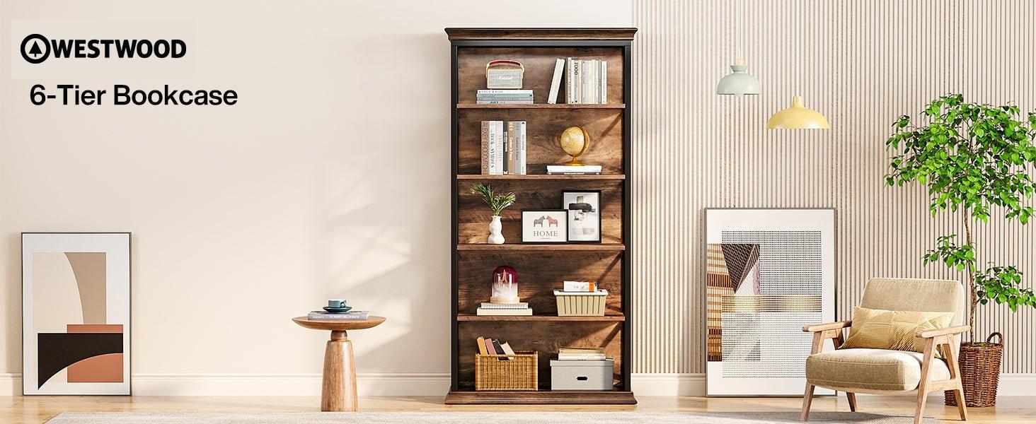 6-Tier Bookshelf, 70.87" Etagere Metal and Wooden Bookcase for Home Office