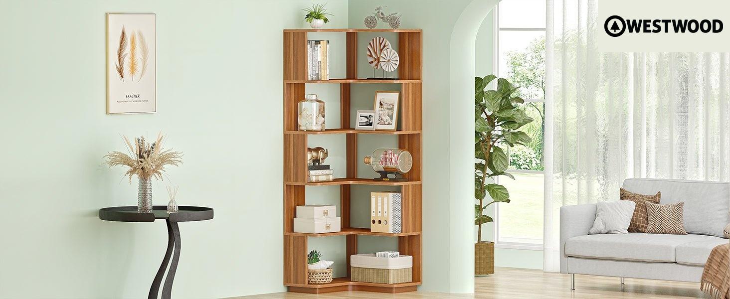 6-Tier Corner Bookshelf, 64.96" Corner Bookcase with Anti-Drop Panel