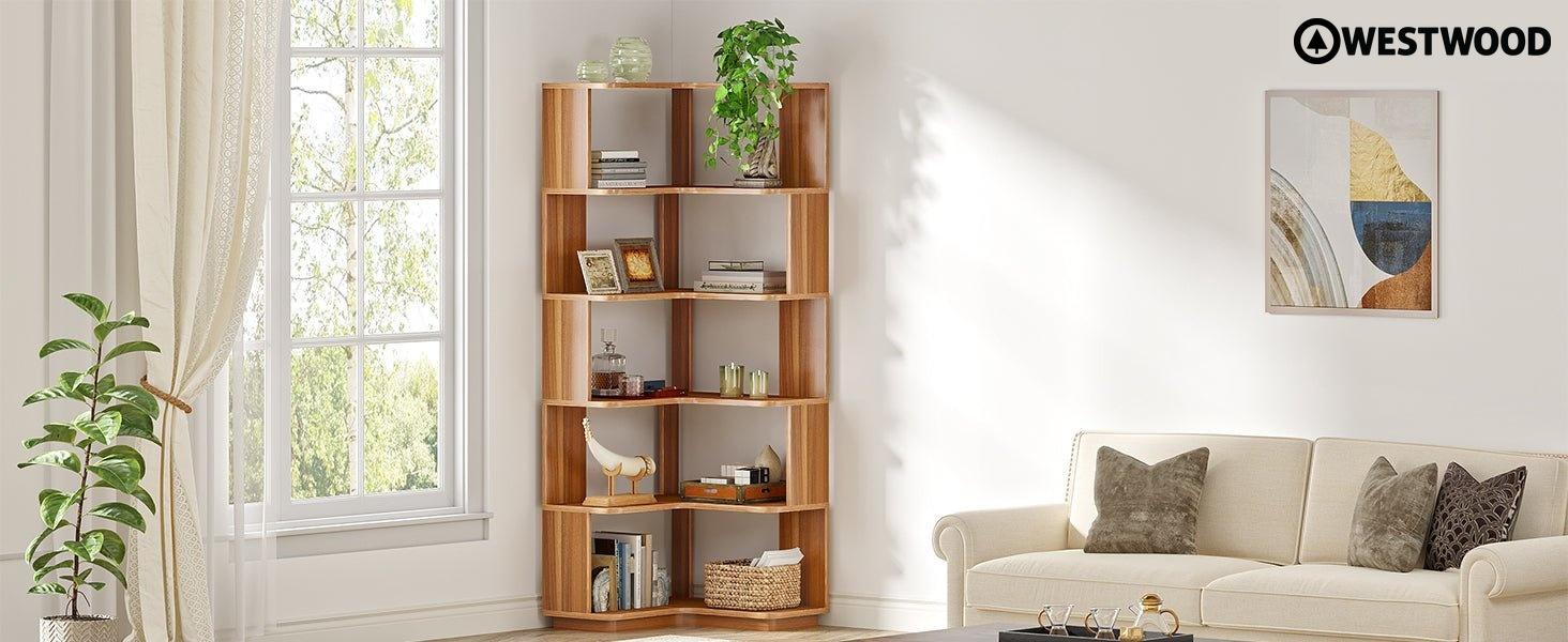 6-Tier Corner Bookshelf, 64.96" Corner Bookcase with Anti-Drop Panel