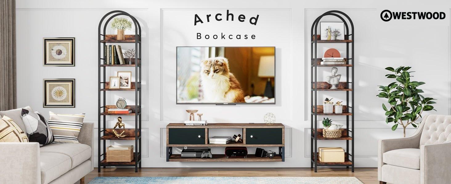 6-Tier Industrial Curved Bookcase Storage Shelves with Metal Frame