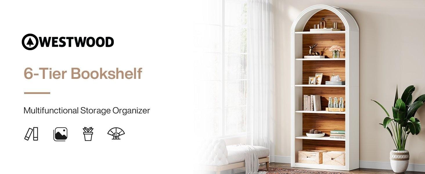 6/8-Tier Tall Bookshelf, Wooden Arched Bookcase Display Shelving Unit