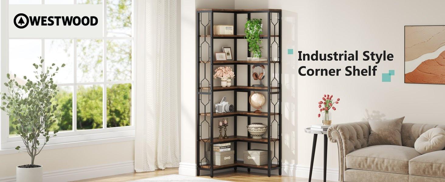 7-Tier Corner Bookshelf, Industrial Corner Etagere Bookcase