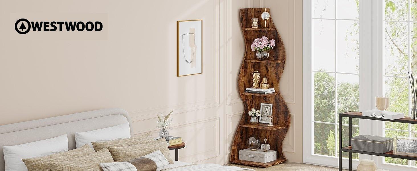 5-Tier Corner Bookcase, Rustic Freestanding Corner Shelf for Small Spaces