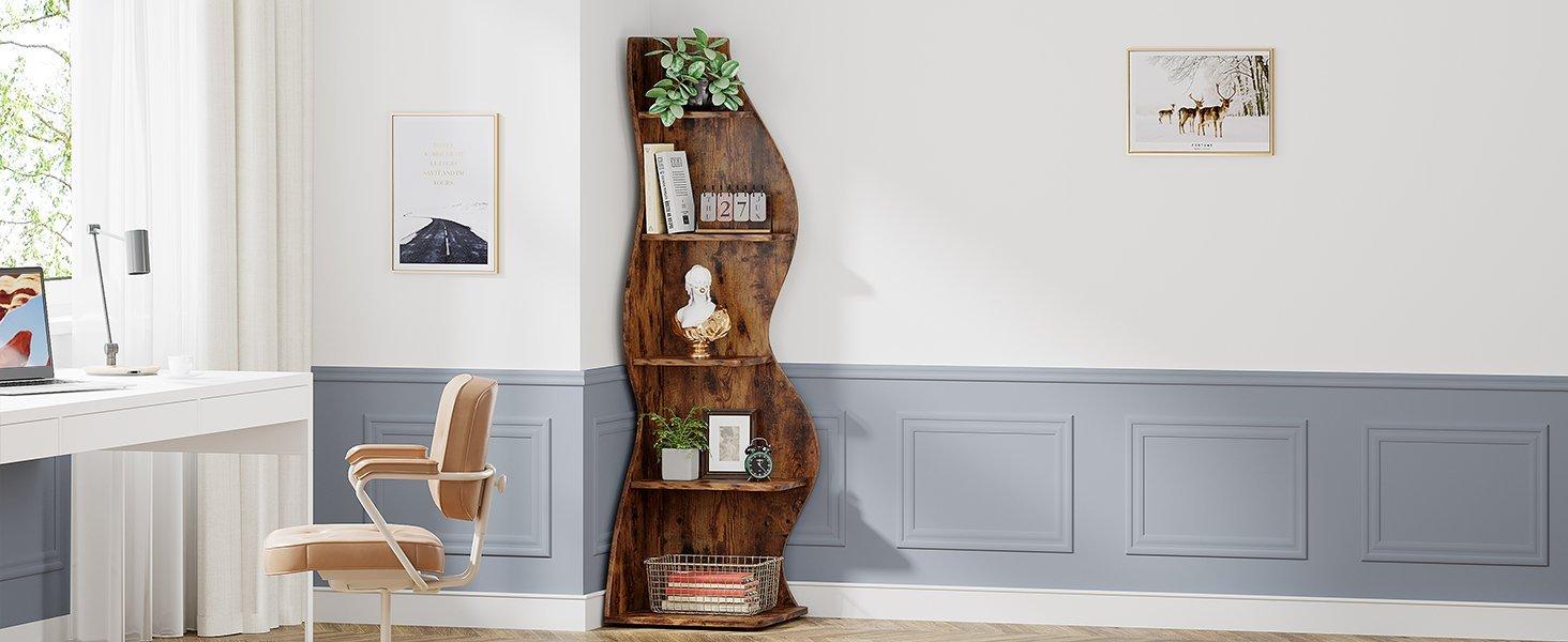 5-Tier Corner Bookcase, Rustic Freestanding Corner Shelf for Small Spaces
