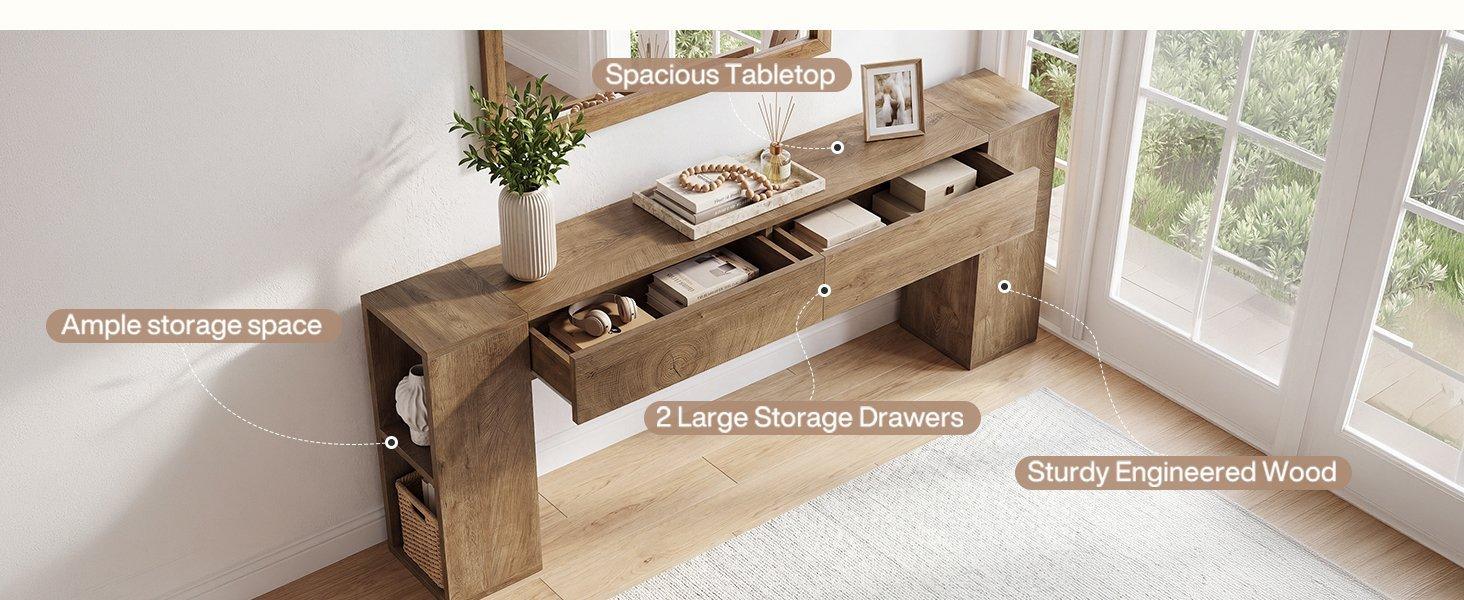 79" Long Console Table, Farmhouse Entryway Table with 2 Drawers and Side Storage Shelves