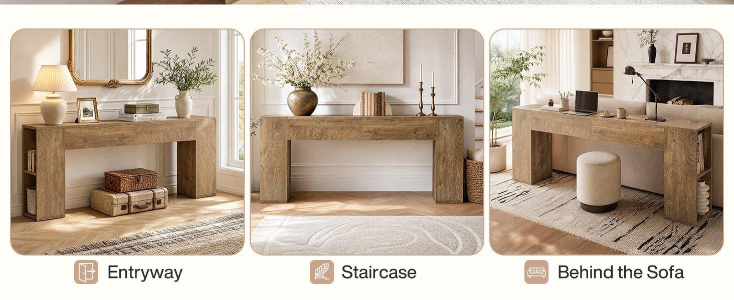 79" Long Console Table, Farmhouse Entryway Table with 2 Drawers and Side Storage Shelves