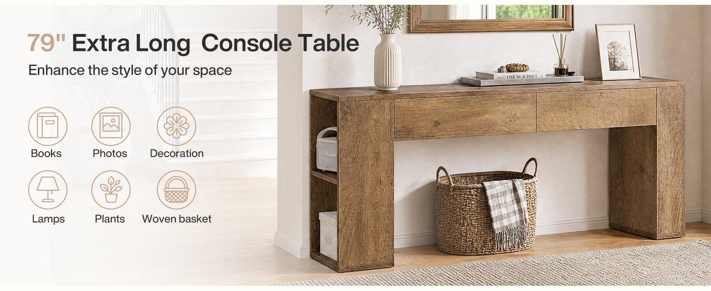 The drawers hide keys, mail, or remotes, while the spacious side shelves hold books or decor.