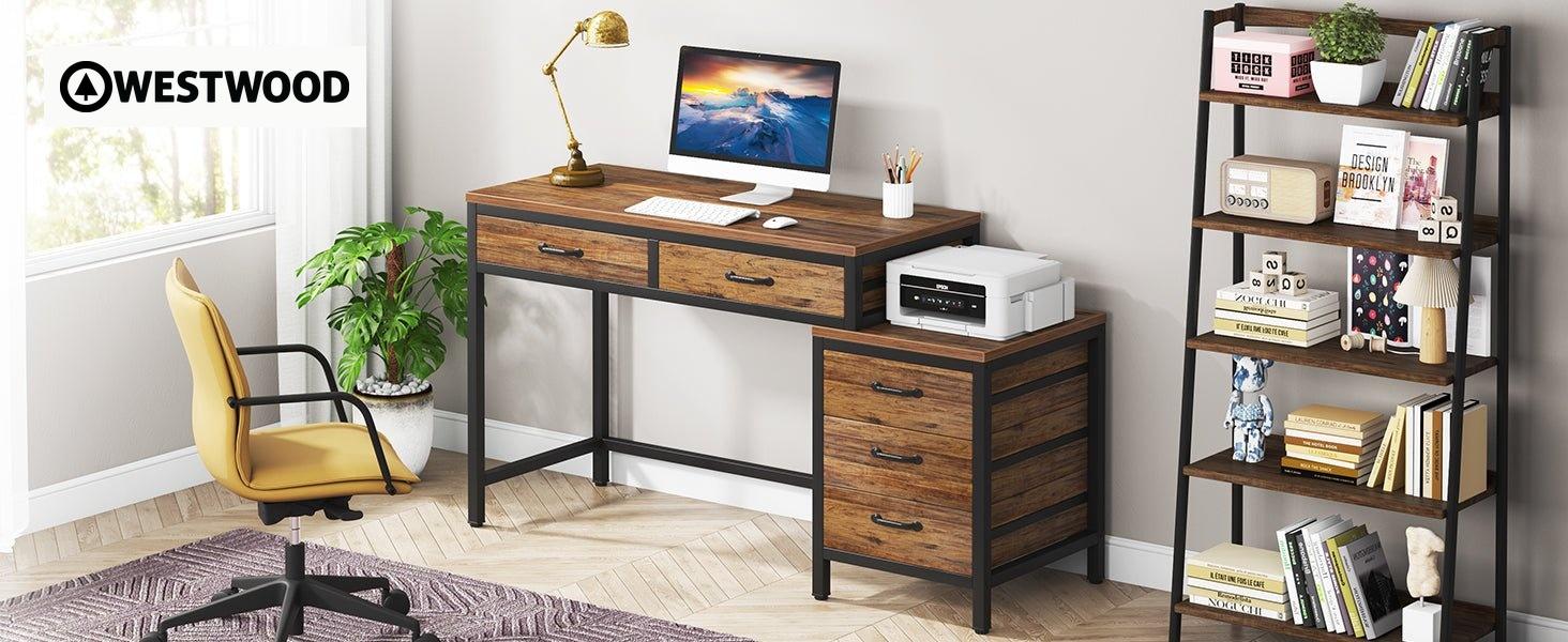 5-Drawer Computer Desk, Study Writing Table with Reversible Drawer Cabinet