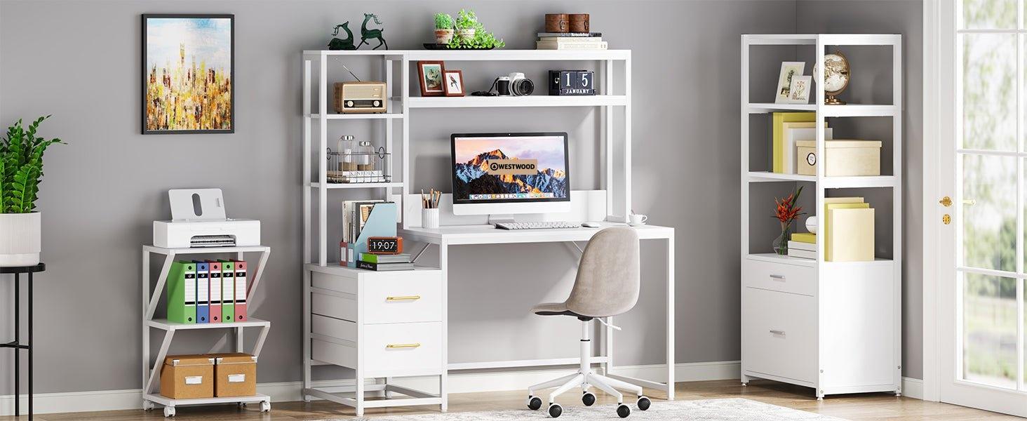 60" Tall Computer Desk Writing Table with 2 Drawers and Storage Shelves