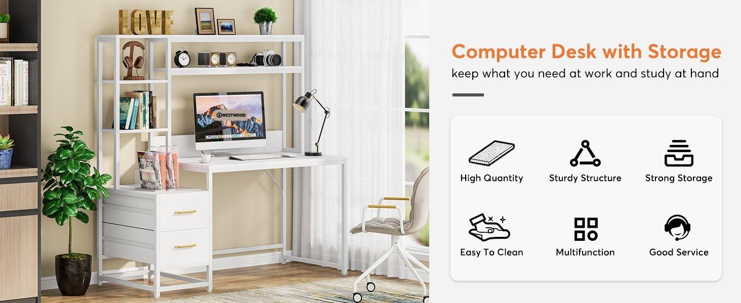 60" Tall Computer Desk Writing Table with 2 Drawers and Storage Shelves