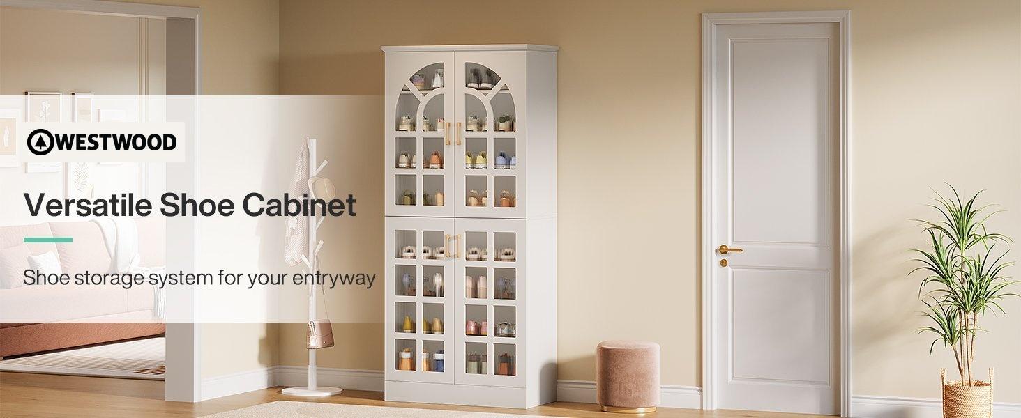 69" Shoe Cabinet, 8-Tier Shoe Rack Organizer with Doors and Led Lights