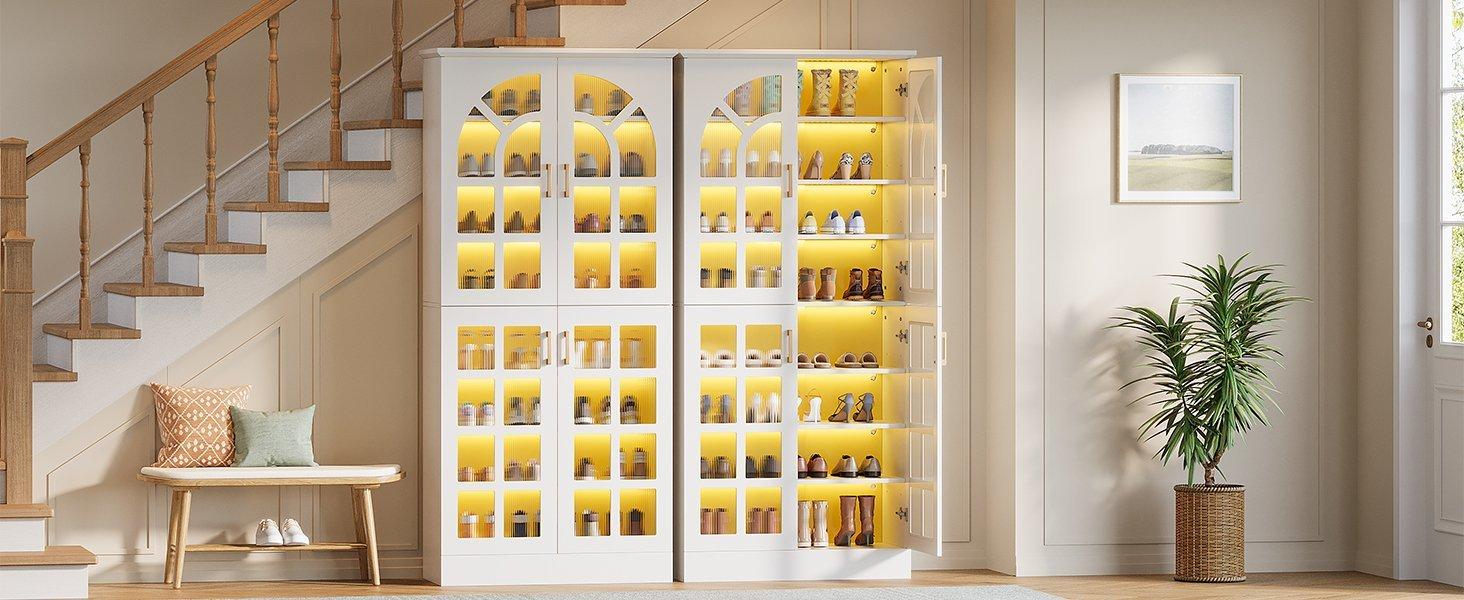 69" Shoe Cabinet, 8-Tier Shoe Rack Organizer with Doors and Led Lights